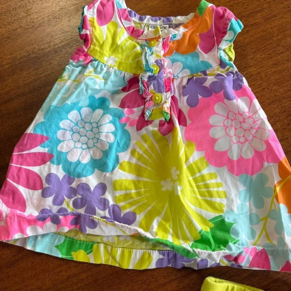 Carter’s 3 Piece Set Colorful Floral Tops and Neon Green / Yellow Pants Sz 9 mos